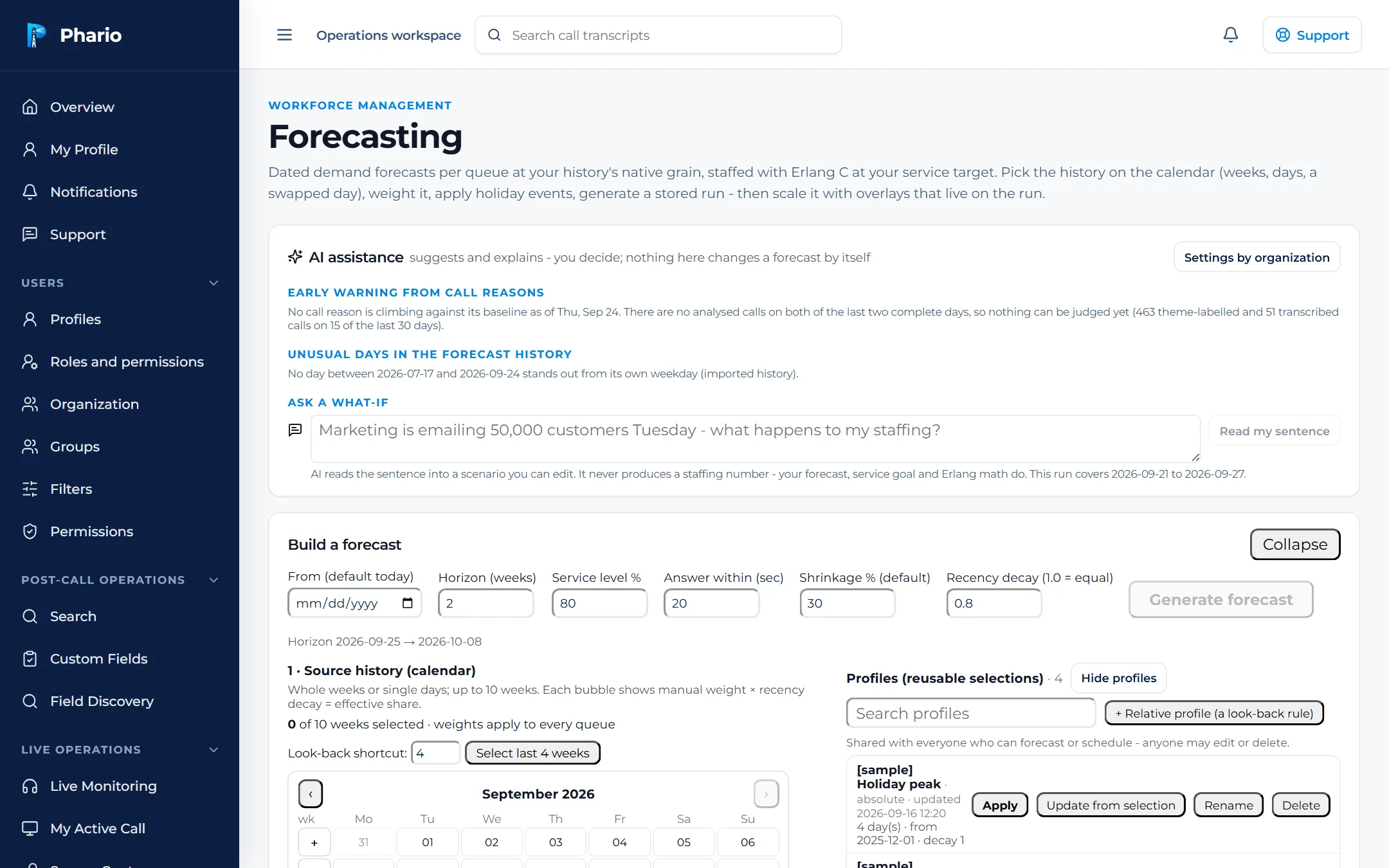 Phario forecasting page with AI early warning, unusual days and a natural-language what-if