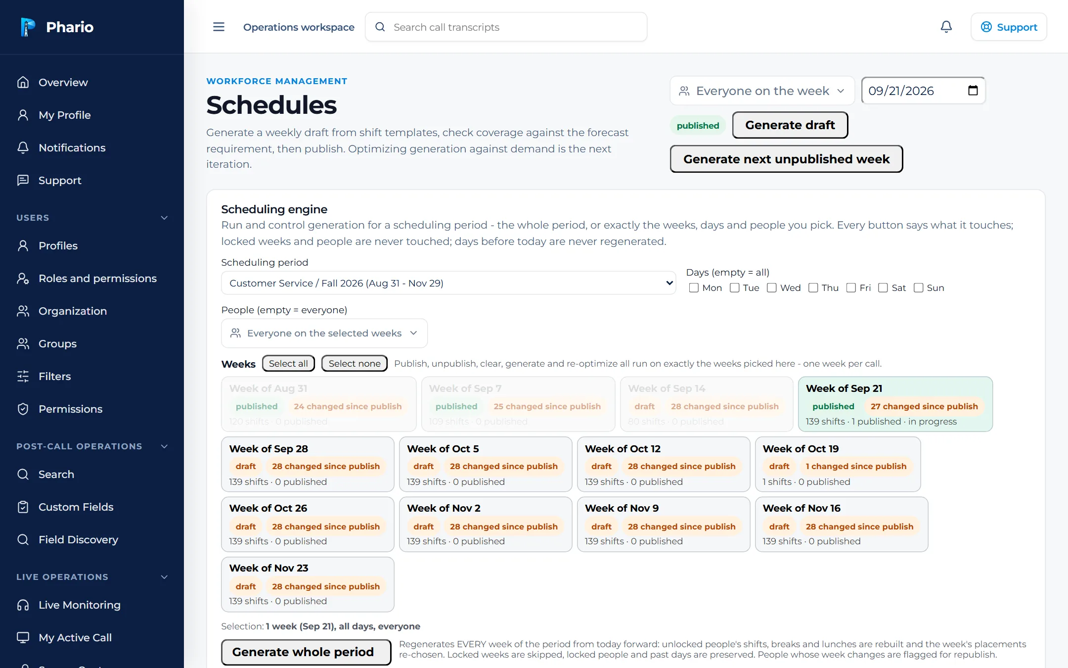 Phario scheduling engine with weekly draft and publish status across a scheduling period